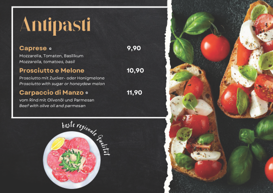 Vorspeisenkarte mit Caprese, Prosciutto und Carpaccio, frische Zutaten in ansprechender Präsentation.